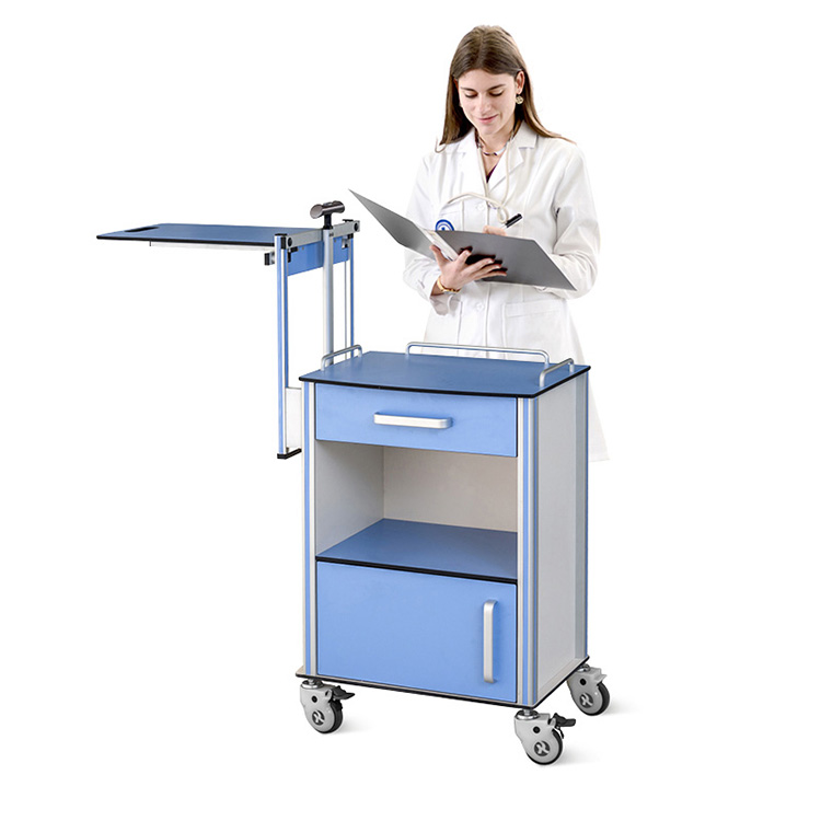 Table de chevet de stockage d'hôpital en aluminium réglable de table de lit médical avec des roulettes